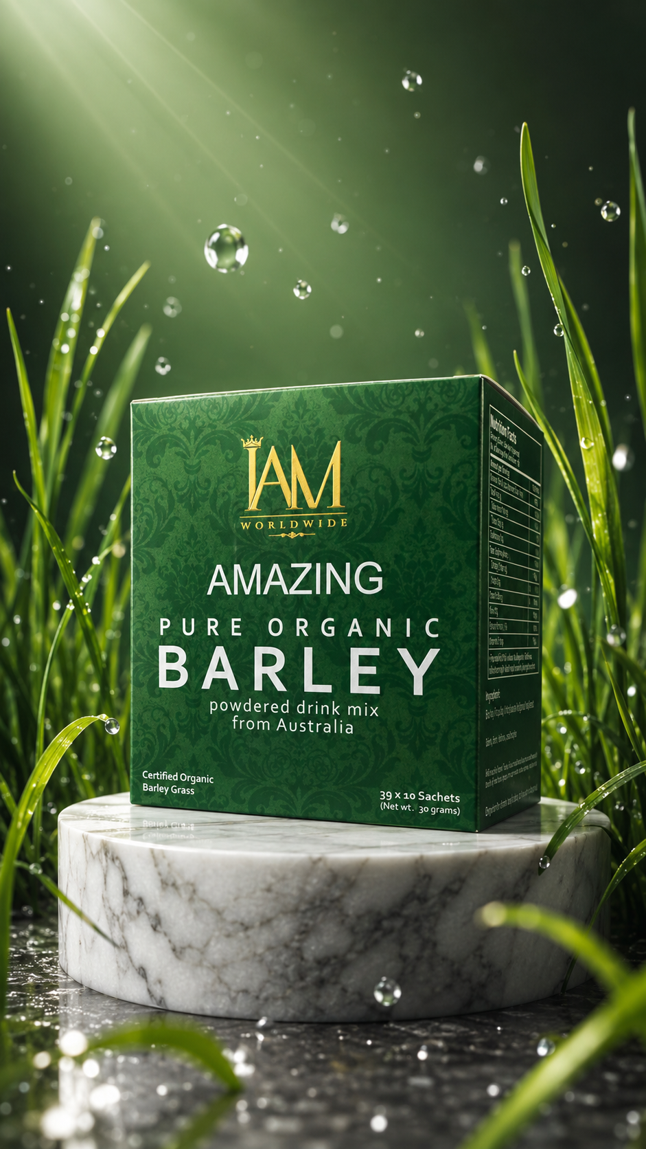 Amazing Pure Organic Barley powdered drink mix box on a marble podium surrounded by fresh barley grass